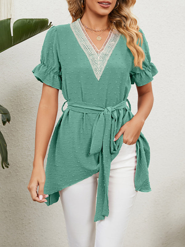 Women's Woven Jacquard V-Neck Loose Tie Chiffon Short Sleeve Top