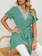 Women's Woven Jacquard V-Neck Loose Tie Chiffon Short Sleeve Top