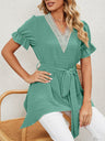 Women's Woven Jacquard V-Neck Loose Tie Chiffon Short Sleeve Top