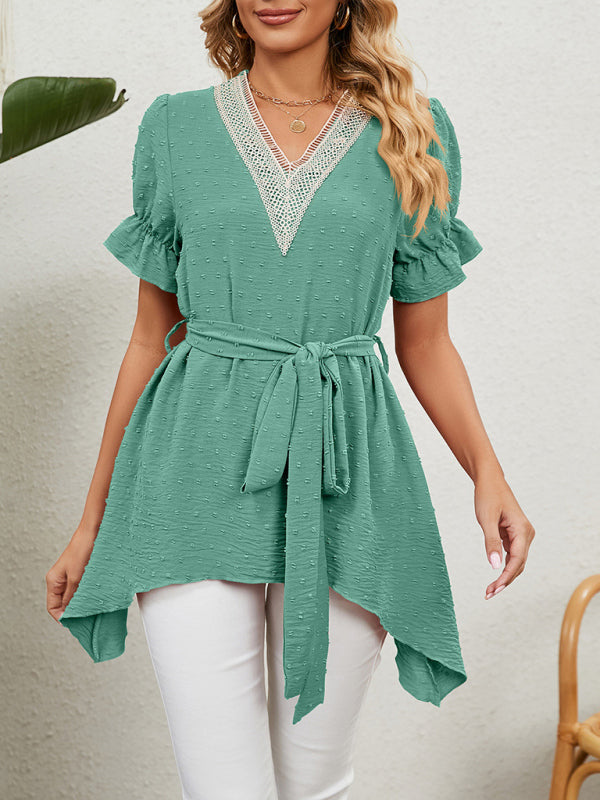 Women's Woven Jacquard V-Neck Loose Tie Chiffon Short Sleeve Top