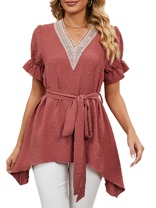 Women's Woven Jacquard V-Neck Loose Tie Chiffon Short Sleeve Top
