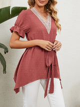 Women's Woven Jacquard V-Neck Loose Tie Chiffon Short Sleeve Top