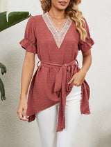 Women's Woven Jacquard V-Neck Loose Tie Chiffon Short Sleeve Top
