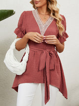 Women's Woven Jacquard V-Neck Loose Tie Chiffon Short Sleeve Top