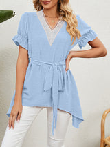 Women's Woven Jacquard V-Neck Loose Tie Chiffon Short Sleeve Top