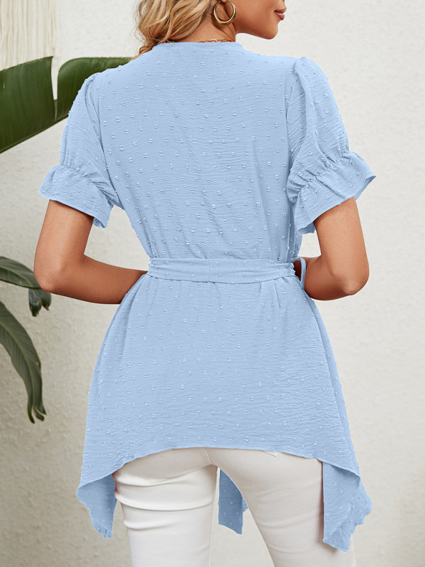 Women's Woven Jacquard V-Neck Loose Tie Chiffon Short Sleeve Top