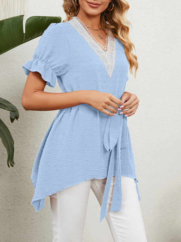Women's Woven Jacquard V-Neck Loose Tie Chiffon Short Sleeve Top