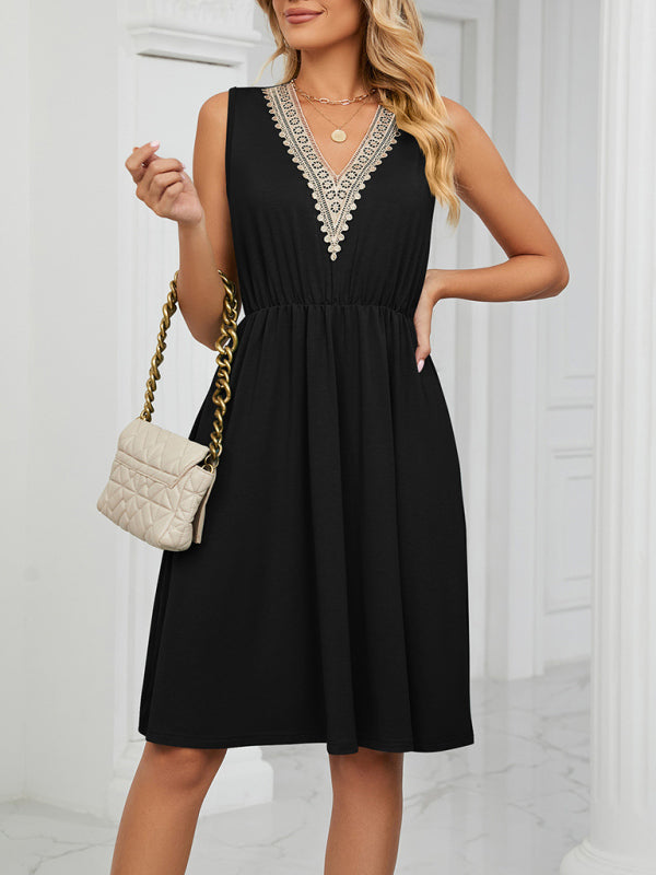 Women's knitted lace V-neck sleeveless pocket waist dress