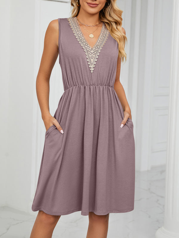 Women's knitted lace V-neck sleeveless pocket waist dress