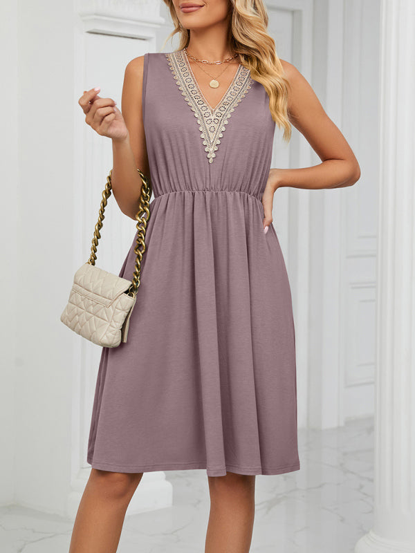 Women's knitted lace V-neck sleeveless pocket waist dress