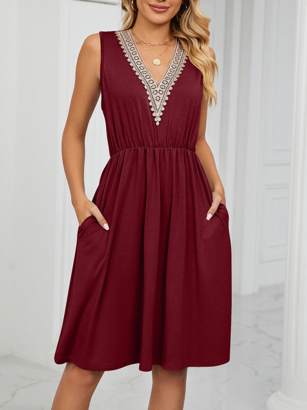 Women's knitted lace V-neck sleeveless pocket waist dress