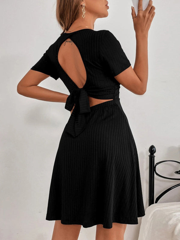 Women's Solid Color Faux Wrap V-neck Open Back Tie Rib Mini Dress