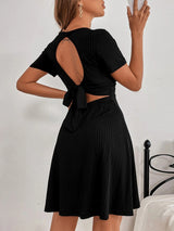 Women's Solid Color Faux Wrap V-neck Open Back Tie Rib Mini Dress