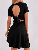 Women's Solid Color Faux Wrap V-neck Open Back Tie Rib Mini Dress
