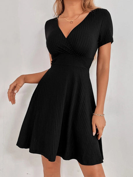 Women's Solid Color Faux Wrap V-neck Open Back Tie Rib Mini Dress