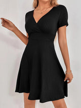 Women's Solid Color Faux Wrap V-neck Open Back Tie Rib Mini Dress