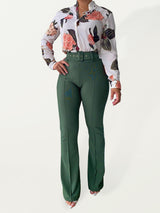 Women's Floral Print Button-front Long-sleeve Shirt With Belted Pants Set