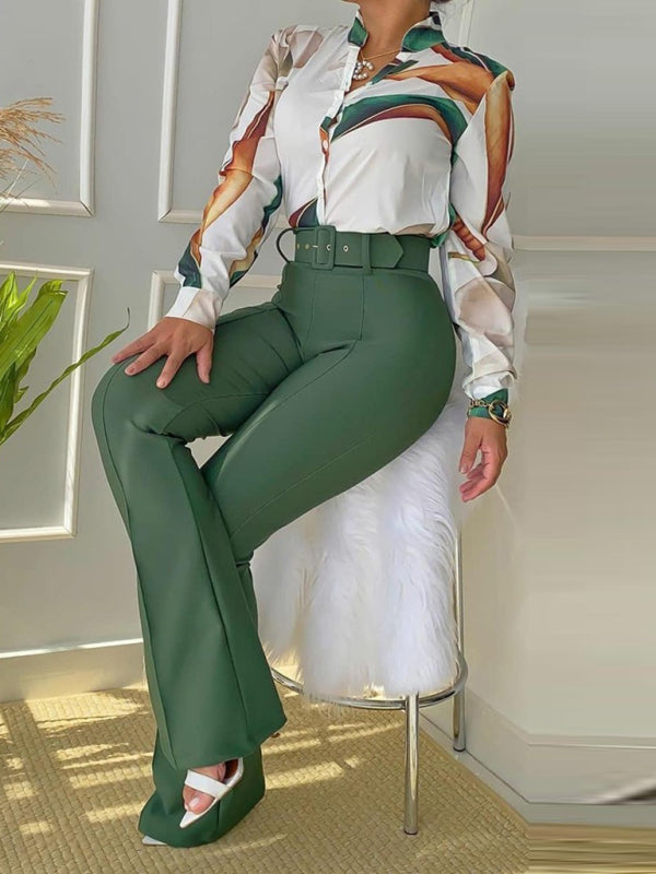 Women's Floral Print Button-front Long-sleeve Shirt With Belted Pants Set