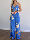 Linen-like casual suit V-neck high-waist printed wide-leg pants two-piece set