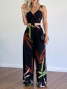 Linen-like casual suit V-neck high-waist printed wide-leg pants two-piece set