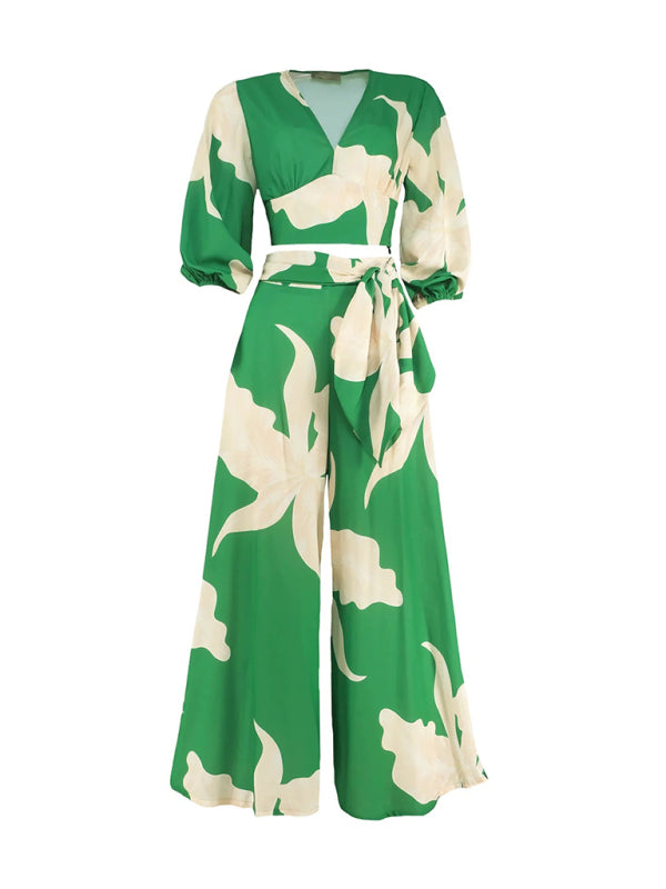 Women's Printed V-neck Lantern Sleeve Short Shirt, High Waist Wide-leg Pants Two-piece Set