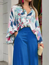Women's Printed Long Sleeve Button Front Closure With Wide Leg Pants Set