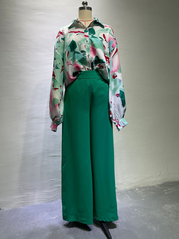 Women's Printed Long Sleeve Button Front Closure With Wide Leg Pants Set