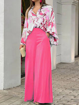 Women's Printed Long Sleeve Button Front Closure With Wide Leg Pants Set
