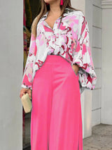 Women's Printed Long Sleeve Button Front Closure With Wide Leg Pants Set