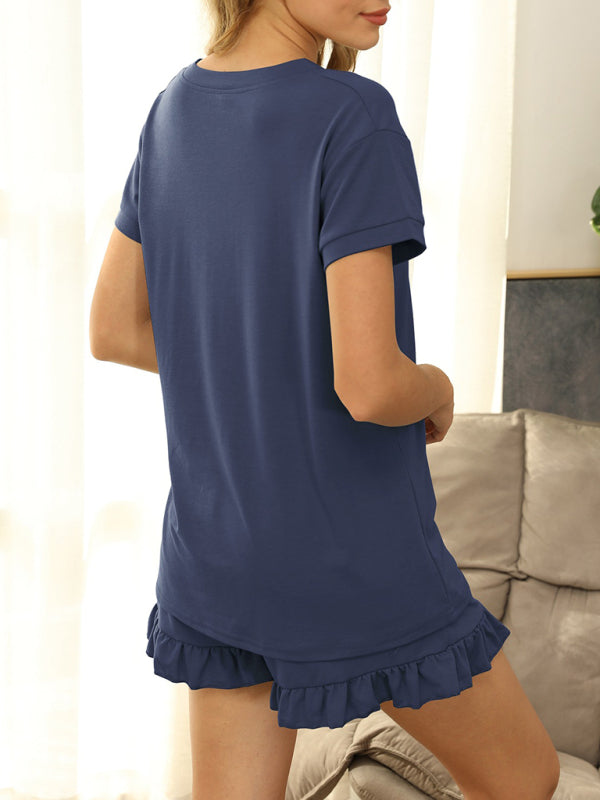 Women's 2-piece Henley V-neck Short Sleeve Henley Tee With Ruffle Hem Shorts Set