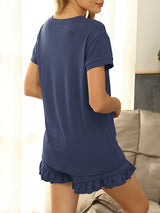 Women's 2-piece Henley V-neck Short Sleeve Henley Tee With Ruffle Hem Shorts Set