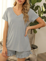 Women's 2-piece Henley V-neck Short Sleeve Henley Tee With Ruffle Hem Shorts Set
