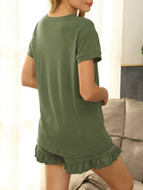 Women's 2-piece Henley V-neck Short Sleeve Henley Tee With Ruffle Hem Shorts Set