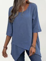 Women's Cotton Linen Round Neck Irregular Shirt Half Sleeve Top