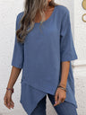 Women's Cotton Linen Round Neck Irregular Shirt Half Sleeve Top