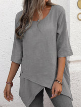 Women's Cotton Linen Round Neck Irregular Shirt Half Sleeve Top