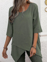 Women's Cotton Linen Round Neck Irregular Shirt Half Sleeve Top