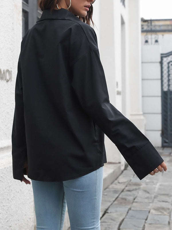 Women's Long Sleeve Drop Shoulder Shirt With Sleeve Button Detail