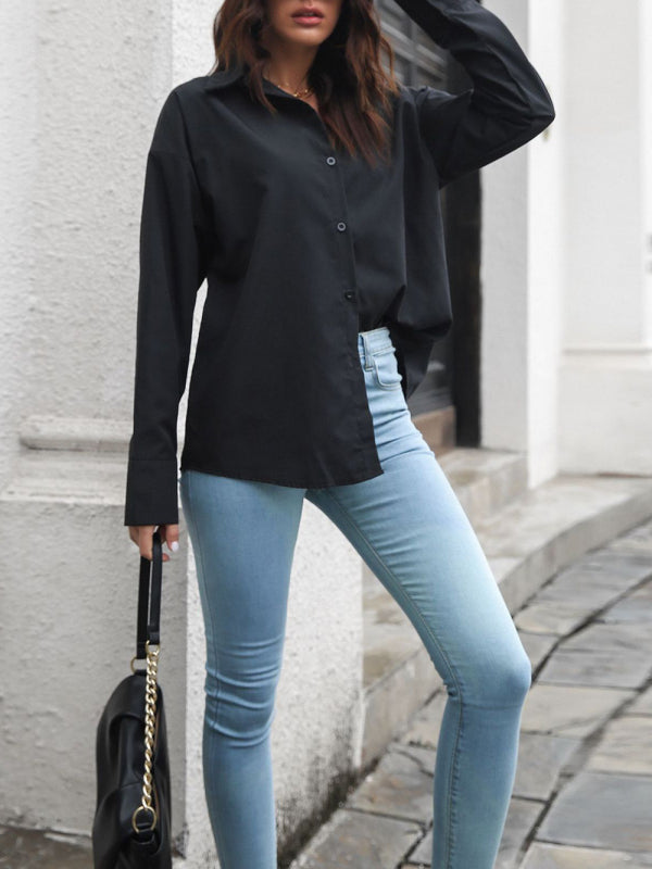 Women's Long Sleeve Drop Shoulder Shirt With Sleeve Button Detail