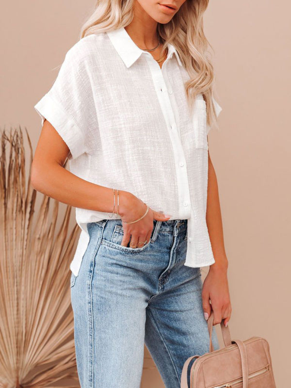 Women's Solid Color Short Sleeve Linen Button-up Shirt