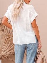 Women's Solid Color Short Sleeve Linen Button-up Shirt