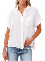 Women's Solid Color Short Sleeve Linen Button-up Shirt