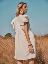 Women's woven v-neck button-up large swing A-shaped small flying sleeve dress