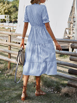 Women's Stripe Print Puff Sleeve Tiered Maxi Dress
