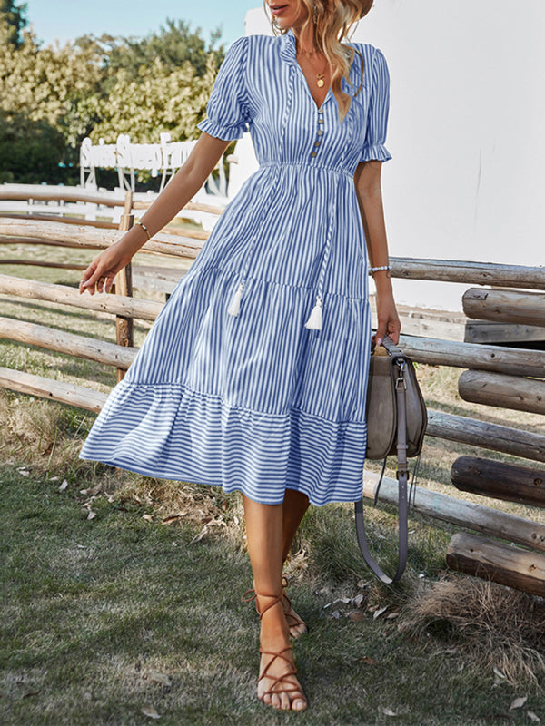 Women's Stripe Print Puff Sleeve Tiered Maxi Dress
