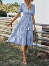 Women's Stripe Print Puff Sleeve Tiered Maxi Dress
