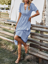 Women's Stripe Print Puff Sleeve Tiered Maxi Dress