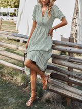 Women's Stripe Print Puff Sleeve Tiered Maxi Dress