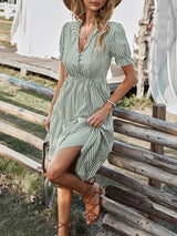 Women's Stripe Print Puff Sleeve Tiered Maxi Dress