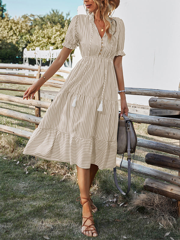 Women's Stripe Print Puff Sleeve Tiered Maxi Dress